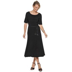 New!! Nina Leonard Fit and Flare Midi Dress, Black, Elbow Sleeves, Petite Medium